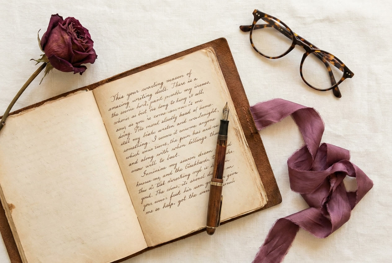 Overhead view of a writing desk with an open journal, fountain pen, dried rose, and plum silk ribbon