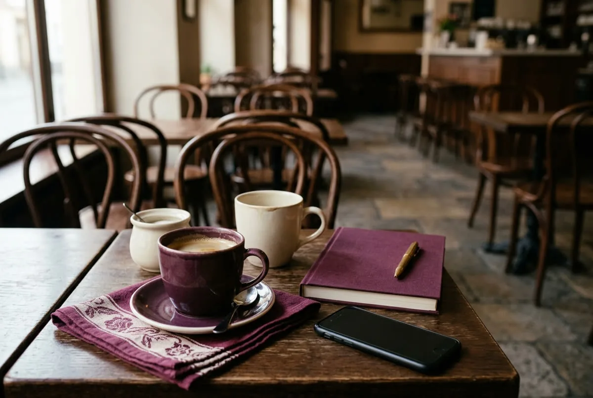 Two coffee cups on café table beside blank book and dark phone