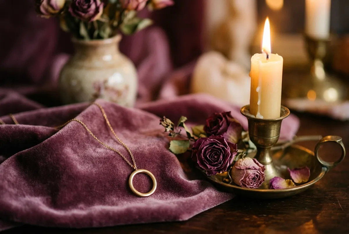 Gold circle pendant on a thin chain resting on plum velvet beside a lit candle and dried roses