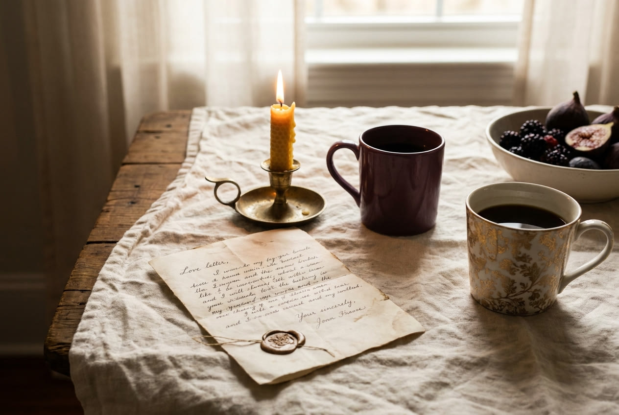 Handwritten love letter on a cream linen table beside a burning candle and two coffee cups