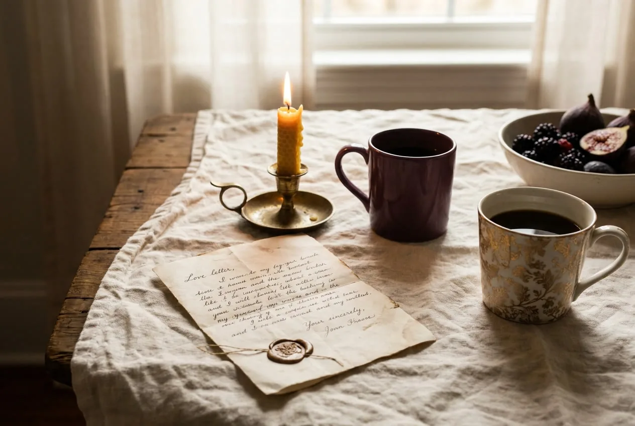 Handwritten love letter on a cream linen table beside a burning candle and two coffee cups